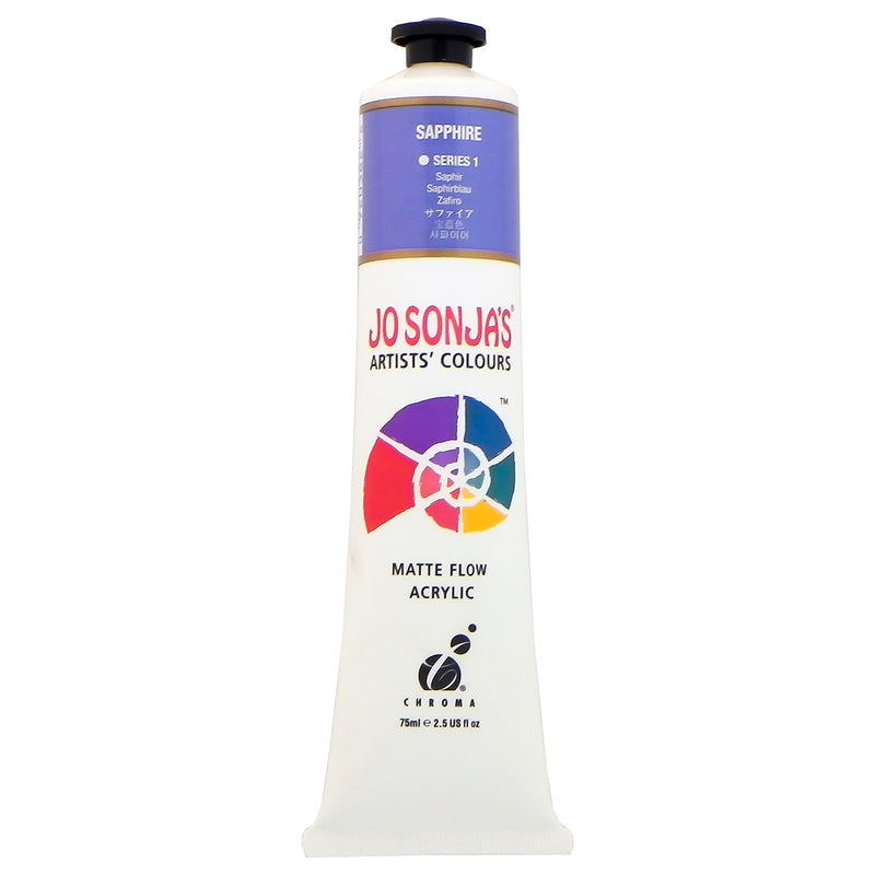 Jo Sonja's Matte Flow Acrylic Sapphire 75ml tube with lavender label band reading Series 1