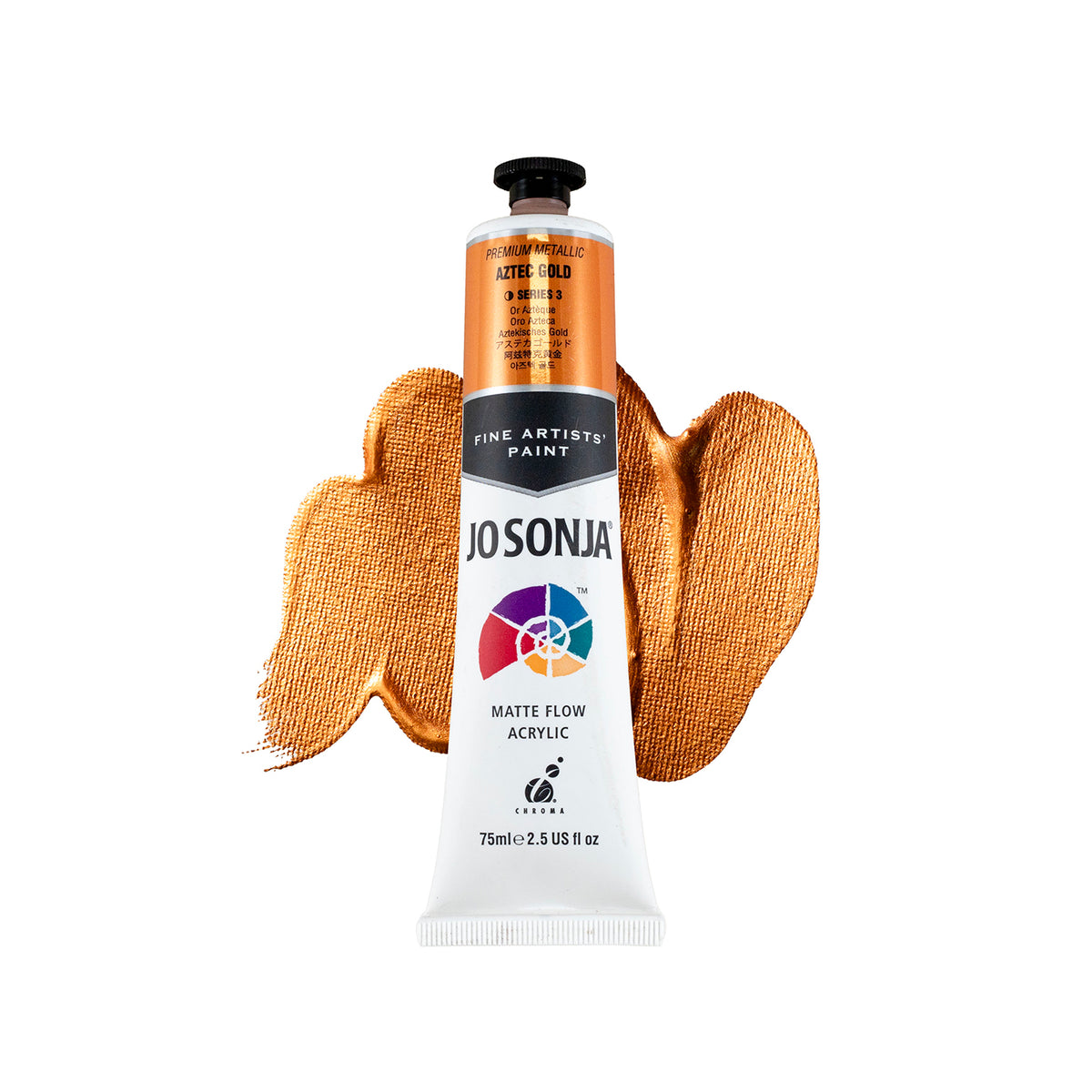 Jo Sonja Premium Metallic Aztec Gold 75ml tube in front of a copper-orange metallic paint smear