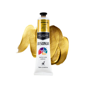 Jo Sonja Premium Metallic Lustrous Gold 75ml tube in front of a bright gold paint swirl