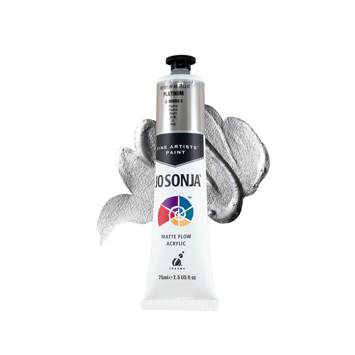 Jo Sonja Premium Metallic Platinum 75ml tube in front of a silver grey metallic paint swirl