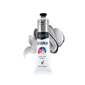Jo Sonja Premium Metallic Platinum 75ml tube in front of a silver grey metallic paint swirl