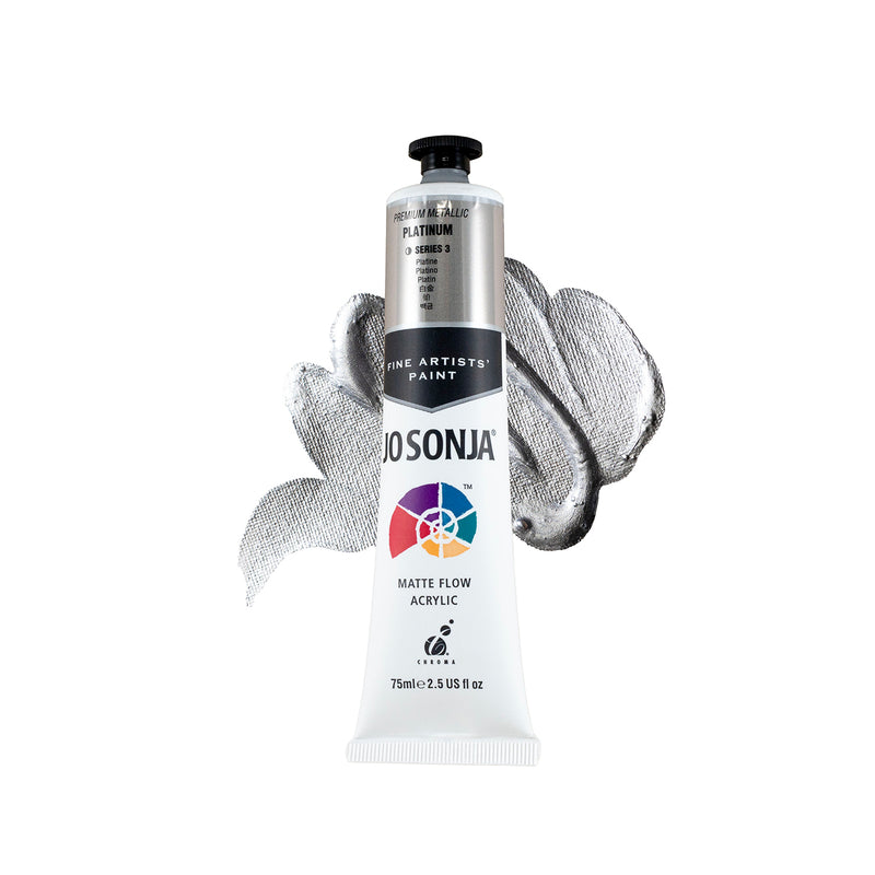 Jo Sonja Premium Metallic Platinum 75ml tube in front of a silver grey metallic paint swirl