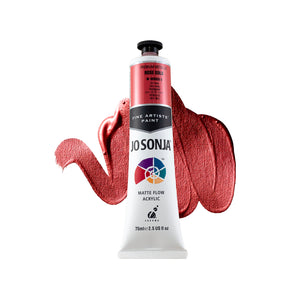 Jo Sonja Premium Metallic Rose Gold 75ml tube in front of a dusty pink red metallic paint swirl