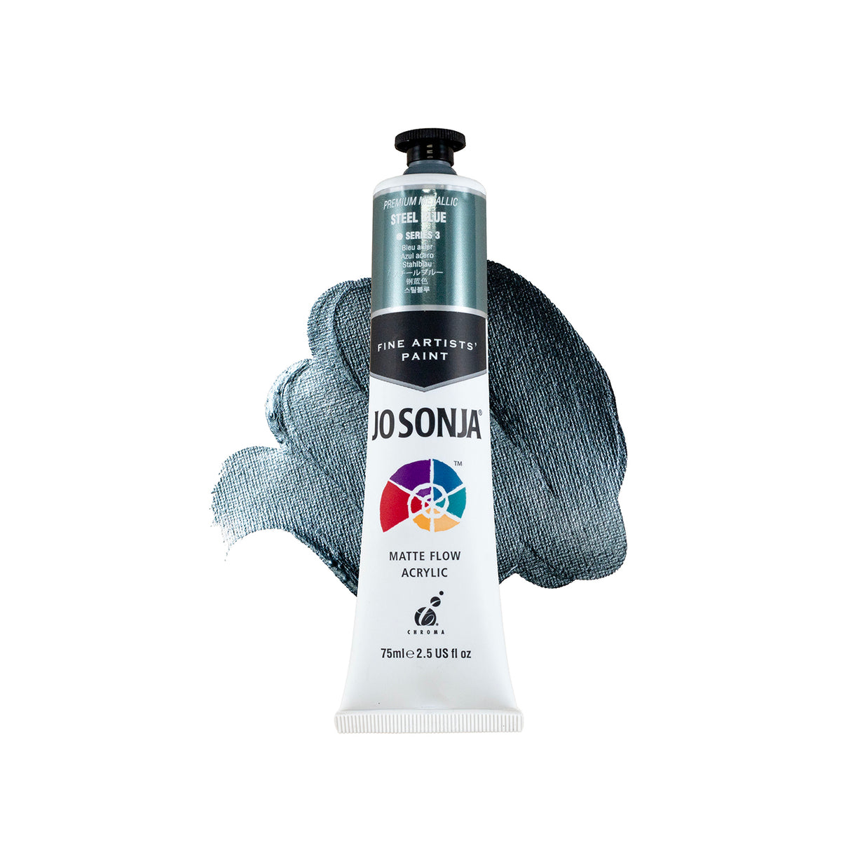 Jo Sonja Premium Metallic Steel Blue 75ml tube in front of a dark blue grey metallic paint swirl