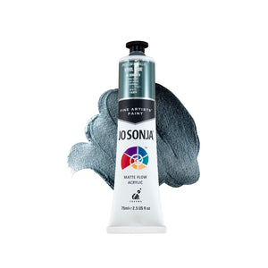 Jo Sonja Premium Metallic Steel Blue 75ml tube in front of a dark blue grey metallic paint swirl