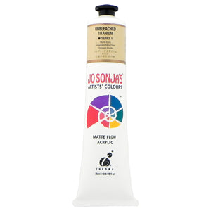 Jo Sonja's Matte Flow Acrylic Unbleached Titanium 75ml tube with pale beige label band