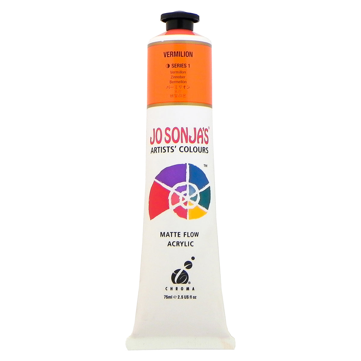 Jo Sonja's Matte Flow Acrylic 75ml tube labelled Vermilion with orange label band