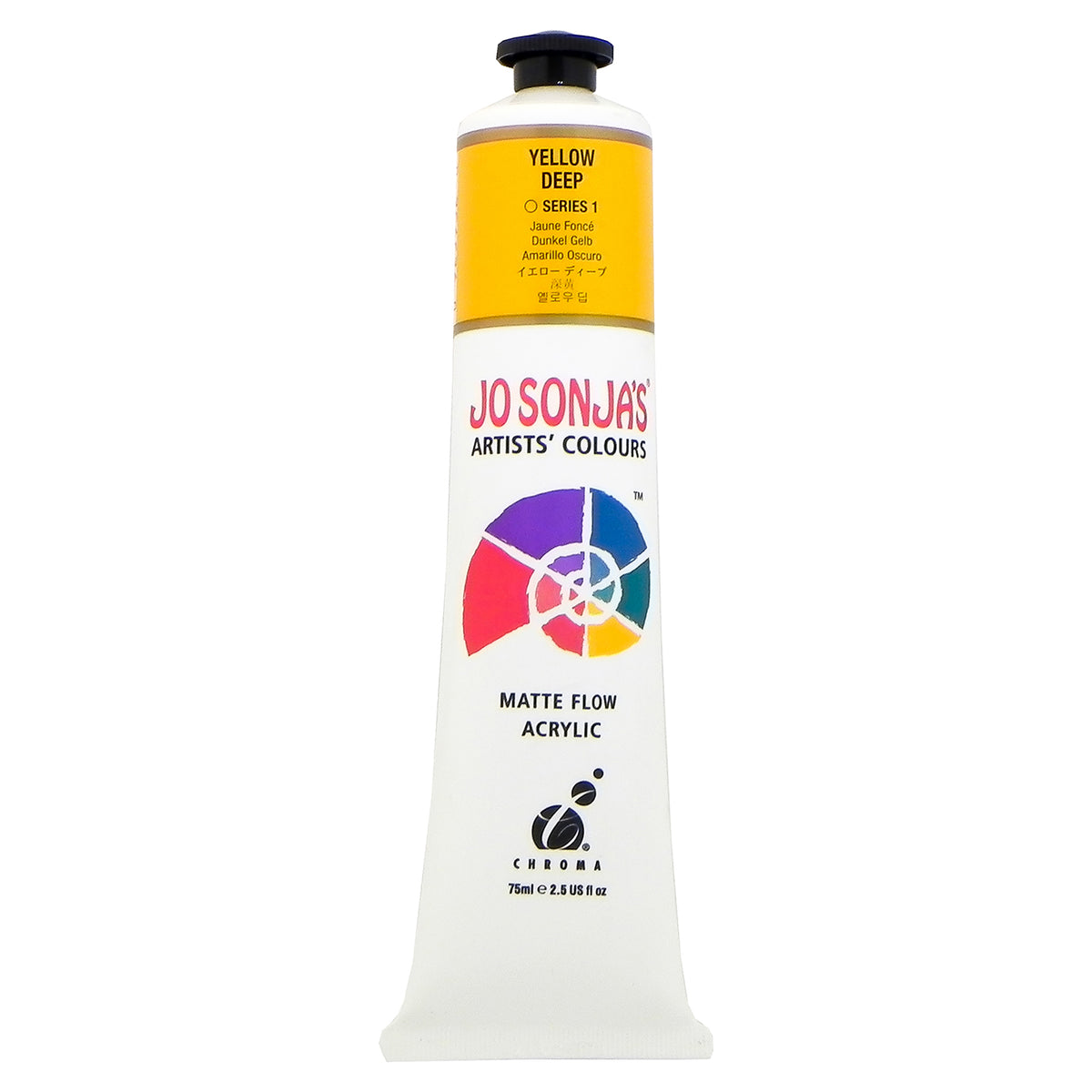 Jo Sonja's Matte Flow Acrylic Yellow Deep 75ml tube with amber yellow label band