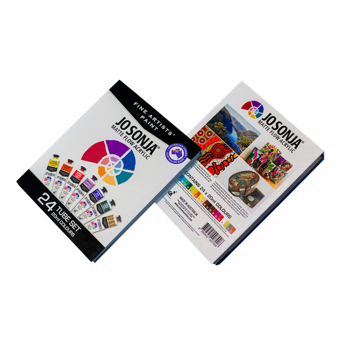 Jo Sonja's Matte Flow Acrylic 24 tube set box front with colour wheel beside the back panel and swatch strip