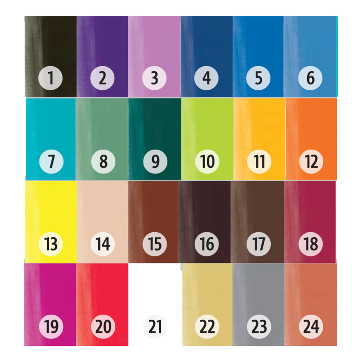 Numbered chart of twenty-four Jo Sonja's colour swatches from black and violet to grey and terracotta