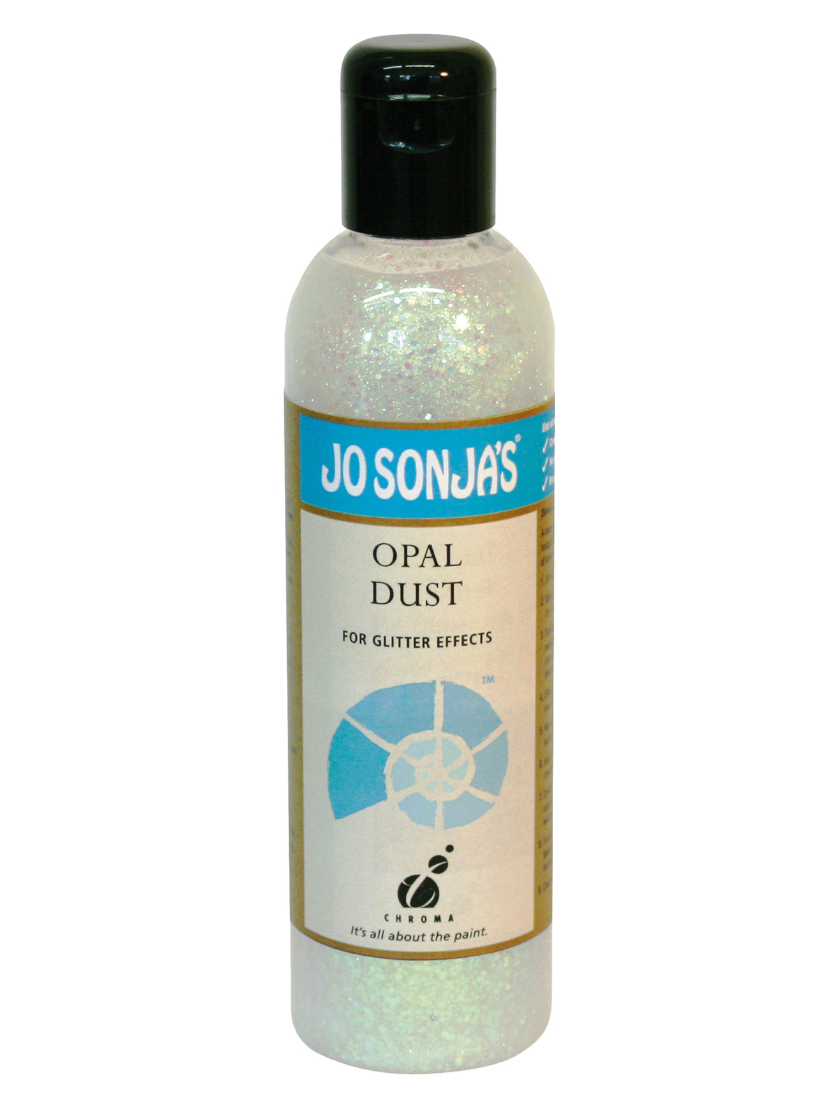 Jo Sonja's Opal Dust 250ml clear bottle filled with iridescent glitter flakes, black cap and light blue label band with blue shell logo