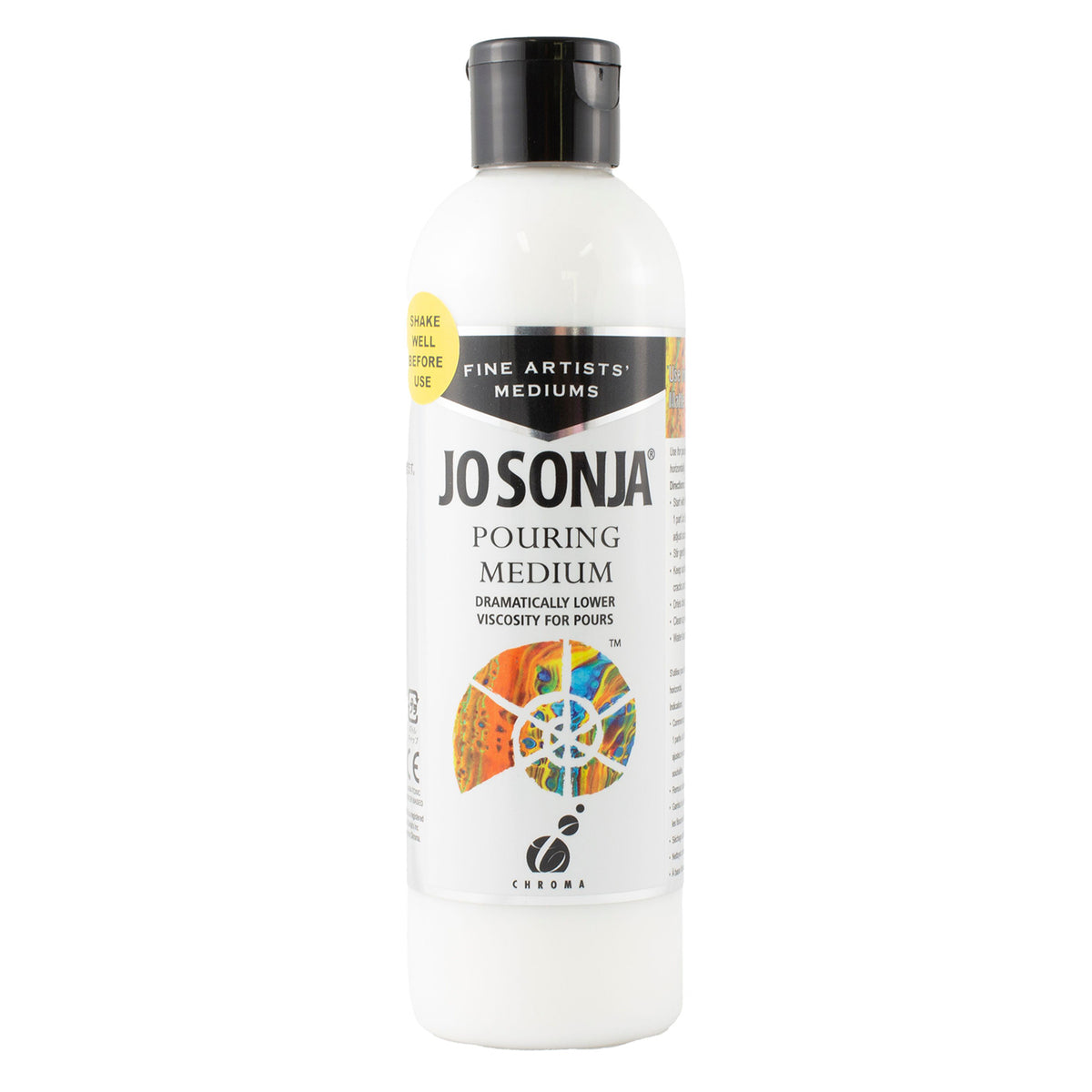 Jo Sonja Pouring Medium 250ml white bottle with black cap, yellow Shake Well Before Use sticker and multicoloured pour logo on the label