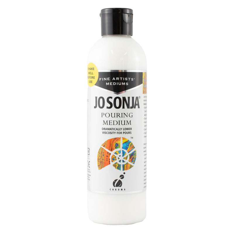 Jo Sonja Pouring Medium 250ml white bottle with black cap, yellow Shake Well Before Use sticker and multicoloured pour logo on the label
