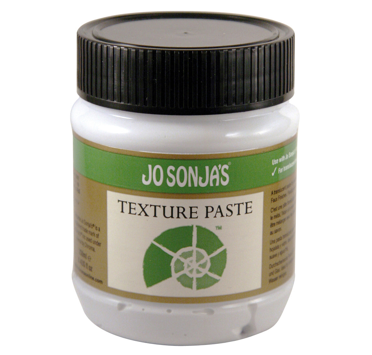 Jo Sonja's Texture Paste 250ml jar of white paste with ribbed black screw lid, green label band and green shell logo