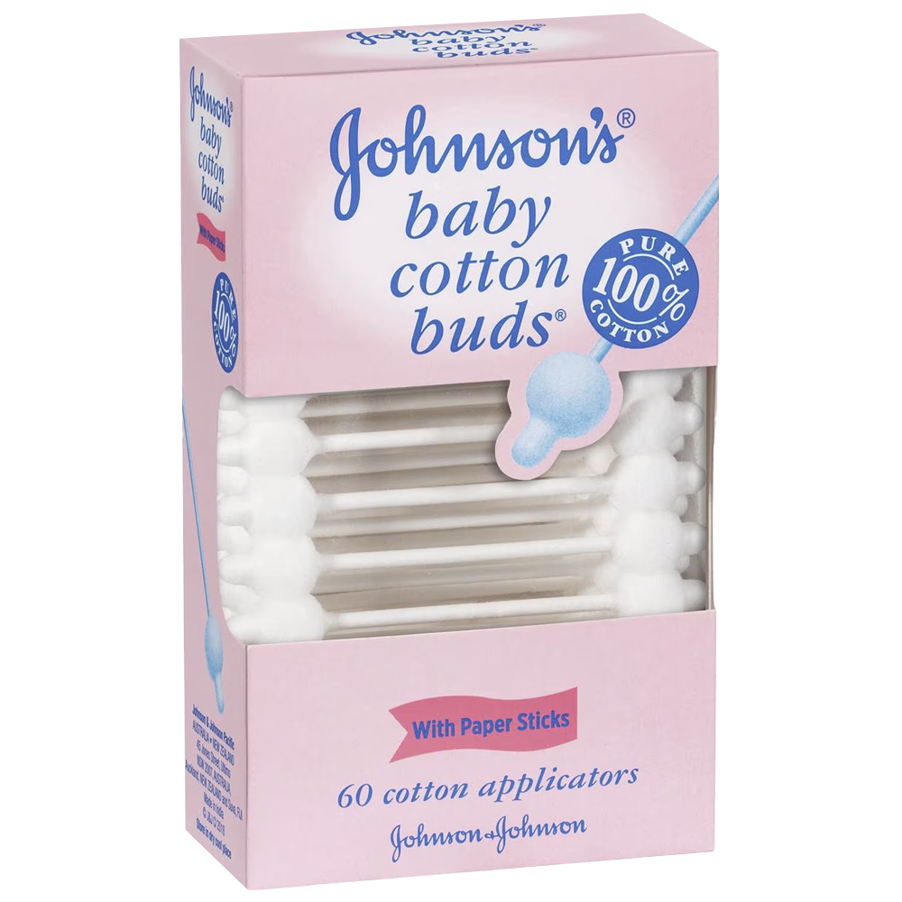 JOHNSON and JOHNSON Contour Cotton Tips bag of 60 showing precision contoured cotton tip applicators for wound care, cleansing, and topical application in first aid and clinical settings
