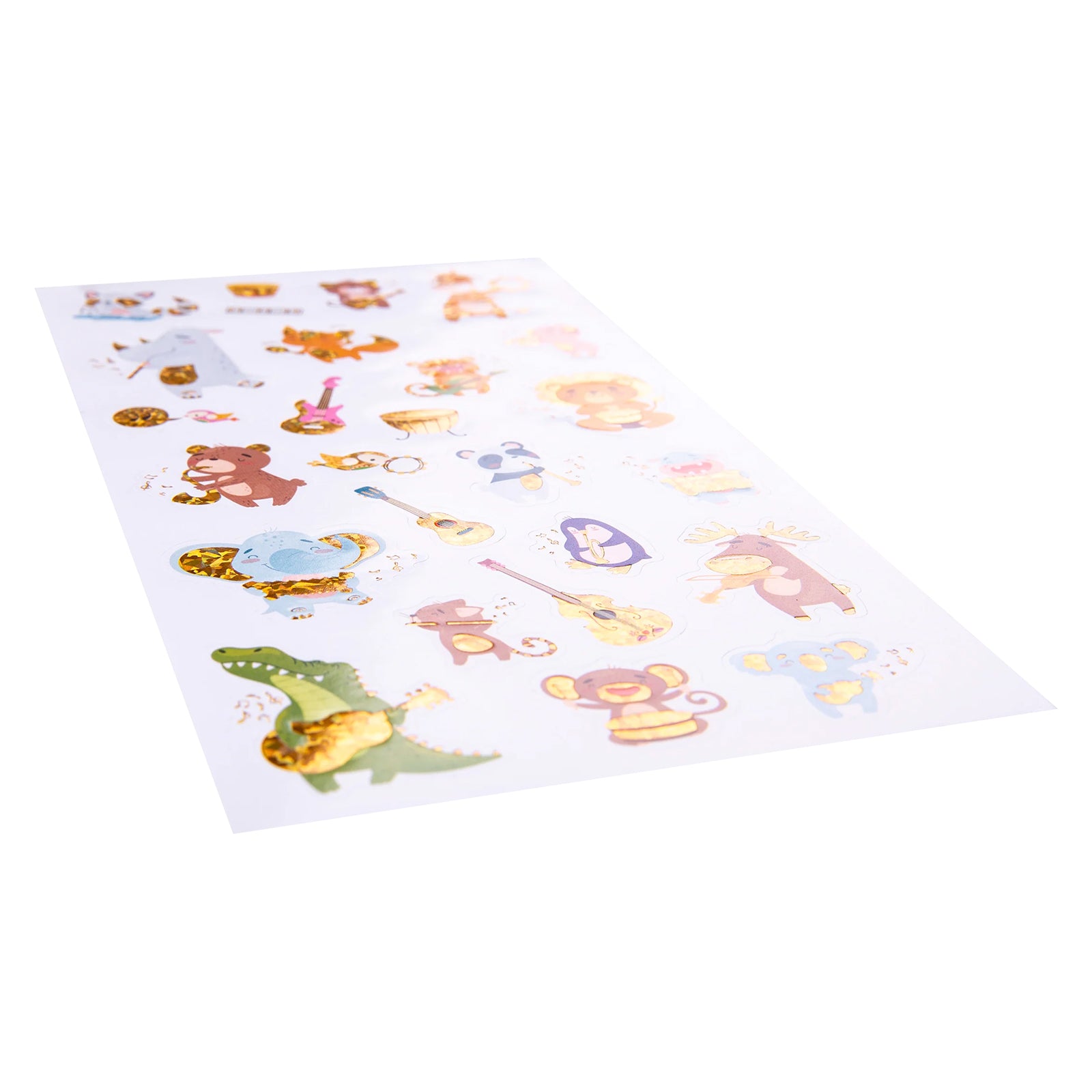 Angled product view showcasing the complete sheet of holographic animal music stickers. The reflective gold foil details enhance the colourful illustrations and highlight the playful jungle concert theme.