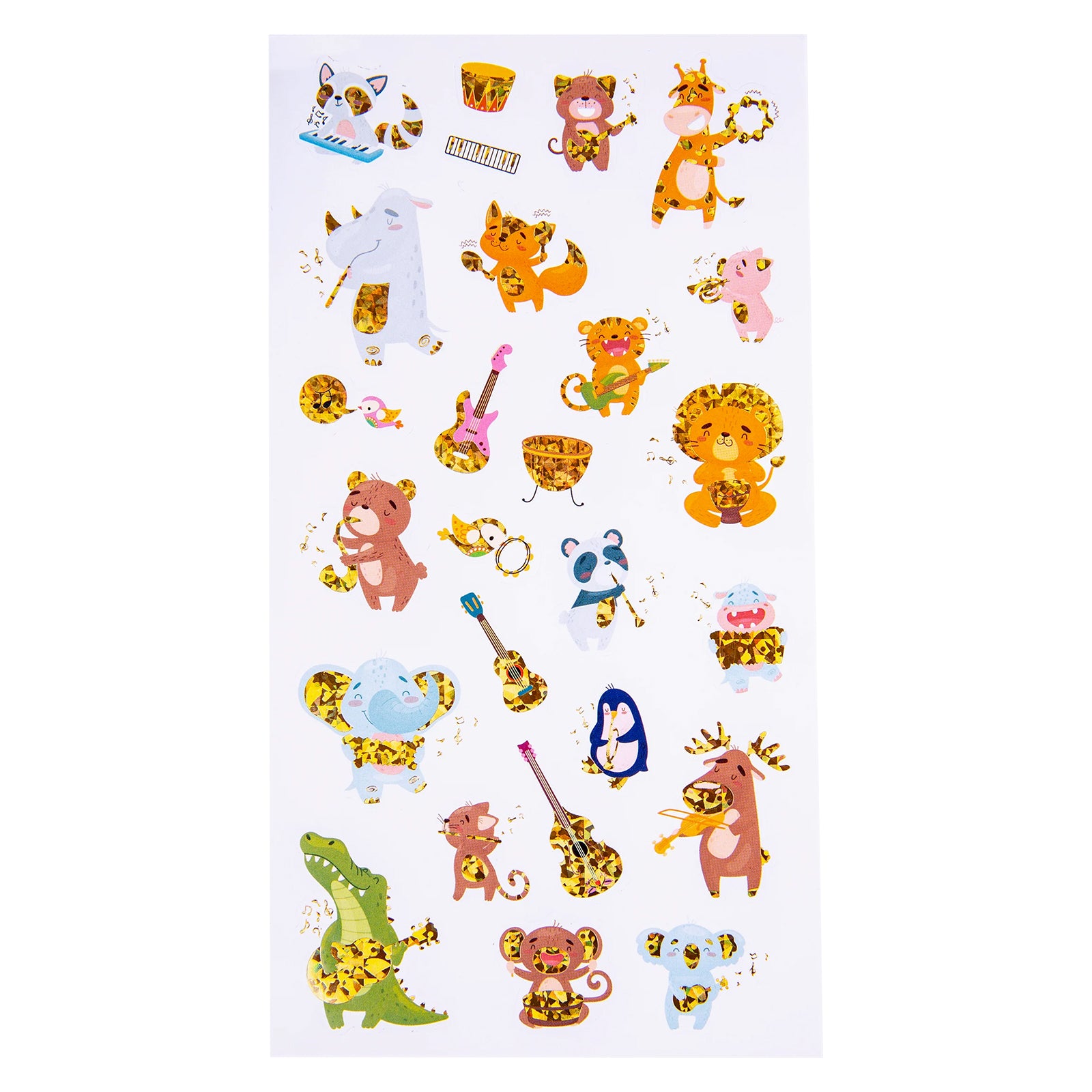 Full sticker sheet presentation displaying all 26 designs including lions, monkeys, elephants, crocodiles, koalas, pandas and other animal performers surrounded by musical instruments and decorative accents.