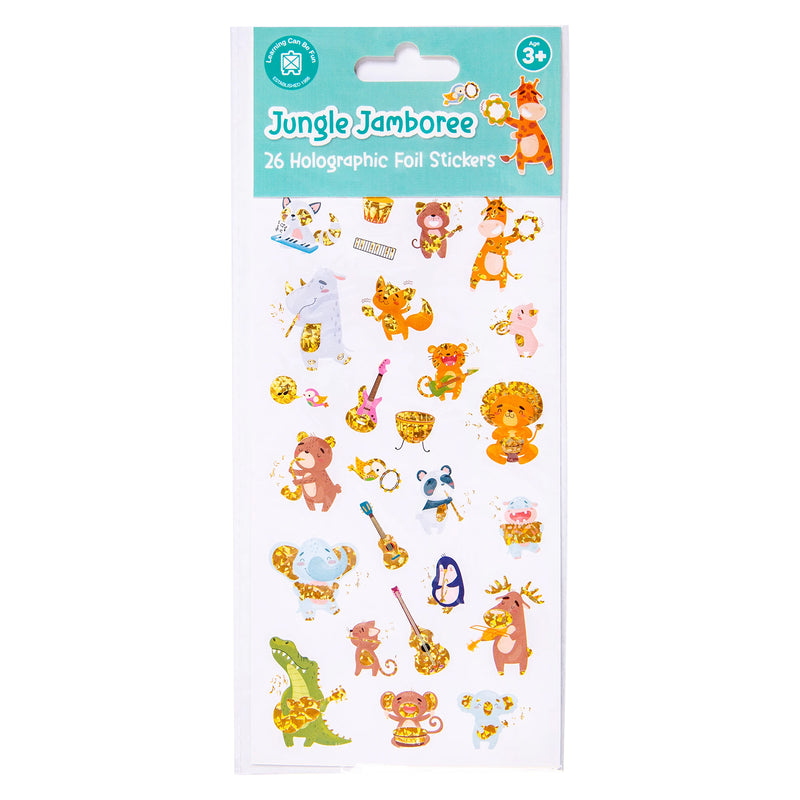 Retail packaging of the Learning Can Be Fun Jungle Jamboree Holographic Sticker Set featuring 26 holographic foil stickers with jungle animals playing instruments in a fun music themed collection.