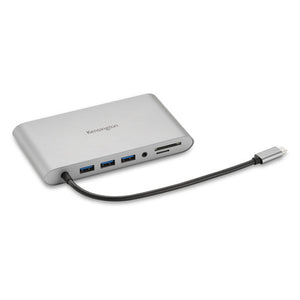 Silver Kensington UH1440P USB-C mobile docking station at an angle with its attached USB-C cable