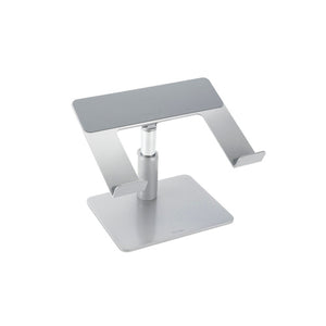 Kensington Universal Tabletop Laptop Riser in silver, front three-quarter view of the empty platform, single column and square base