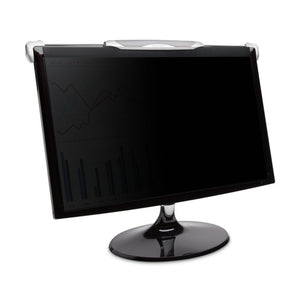 Kensington FS270 Snap2 Privacy Screen for Widescreen Monitor 25-27 Inch fitted to a monitor, seen from a front three-quarter angle with the display darkened by the filter