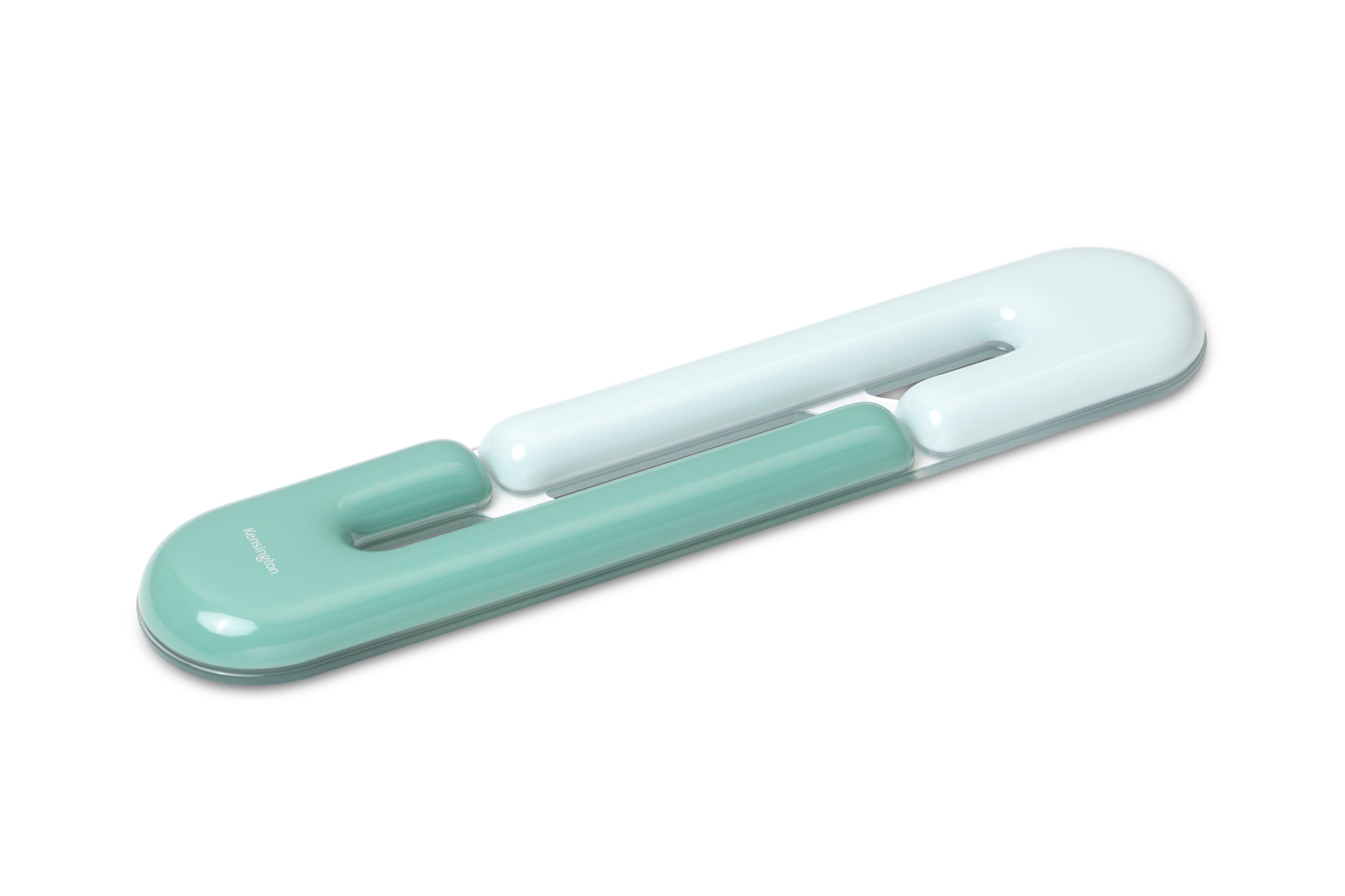 Mint green and white keyboard rest on a white background