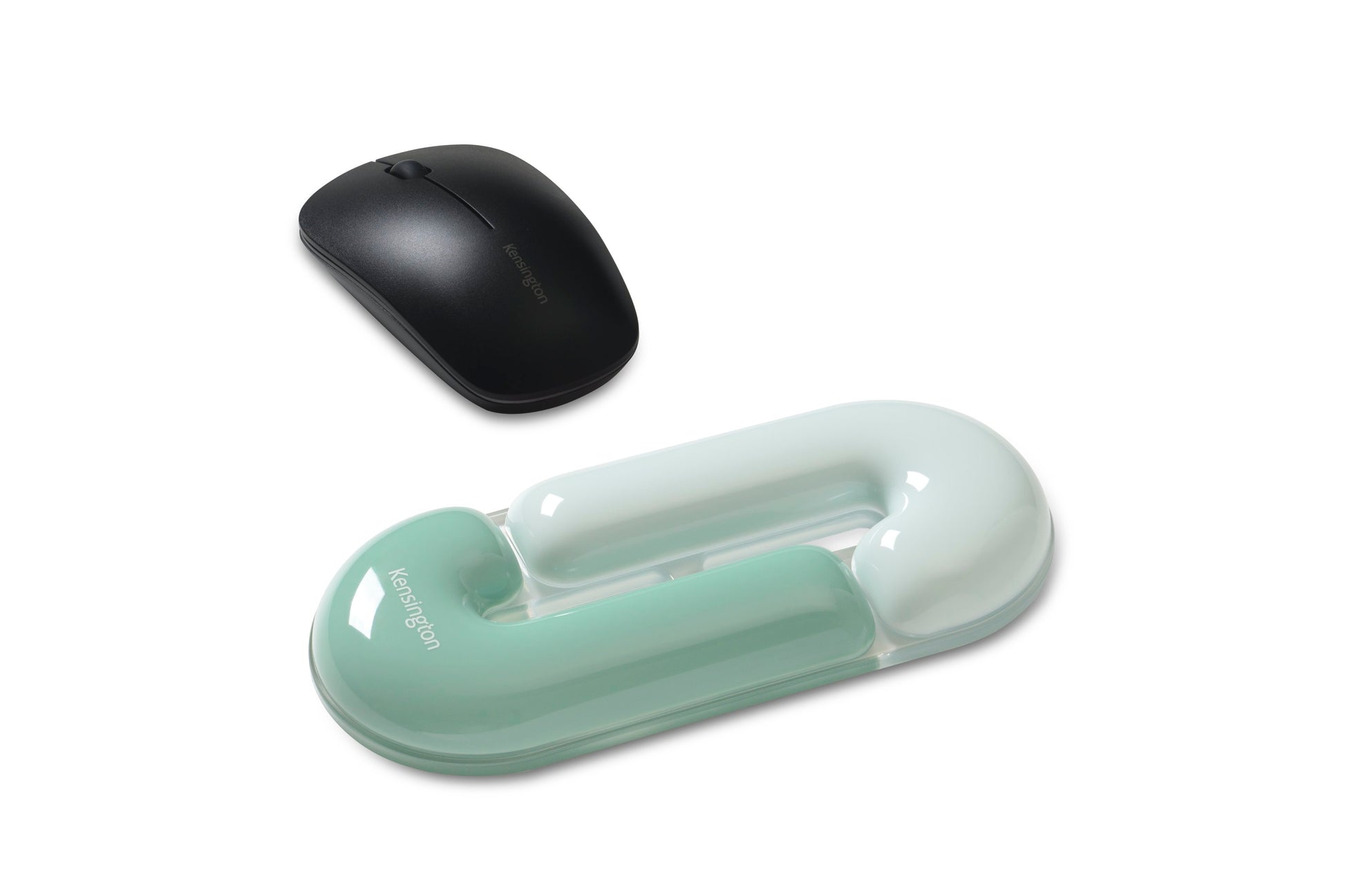 Black computer mouse and a green and white mouse pad on a white background
