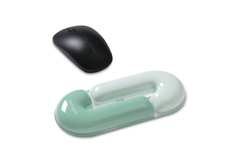 Black computer mouse and a green and white mouse pad on a white background