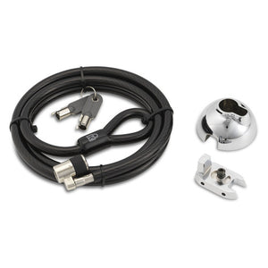 Kensington SafeDome Cable Lock for iMac 24 Inch Standard Keyed laid out with coiled cable, keys, SafeDome housing and clip