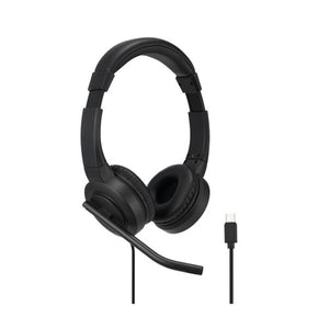 Kensington H1000 USB-C On-Ear Headset in black with its boom microphone and USB-C cable plug