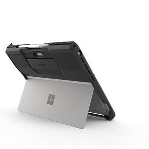 Rear view of a Surface Pro in the black Kensington BlackBelt 2nd Degree Rugged Case with the hand strap and kickstand open