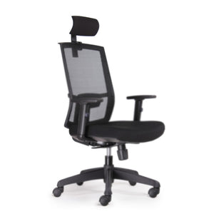 Rapidline KAL Task chair in black, three quarter view, fitted with the black head rest above the mesh back.
