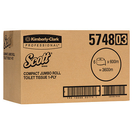 Scott Compact Jumbo Roll Toilet Tissue White 1 Ply 600m Box of 6