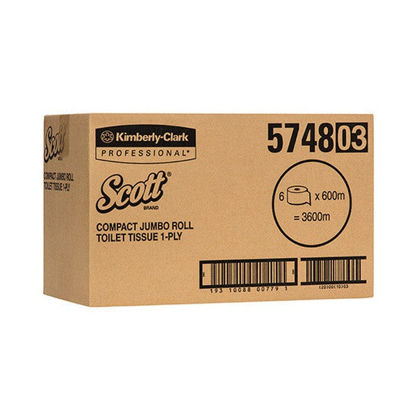 Scott Compact Jumbo Roll Toilet Tissue White 1 Ply 600m Box of 6