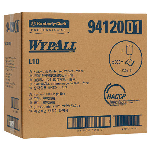 WypAll L10 Heavy Duty Centrefeed Wiper Roll White 300m Box of 4