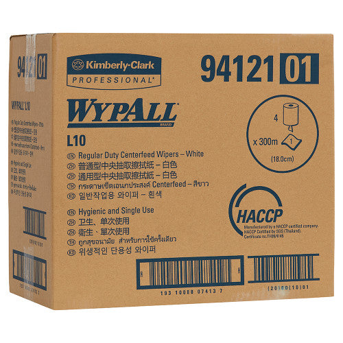 WypAll L10 Regular Duty Centrefeed Wiper Roll 1 Ply White 300m Box of 4