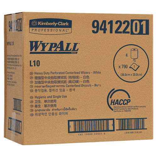 WypAll L10 Heavy Duty Perforated Centrefeed Wiper Roll White 300m Box of 4
