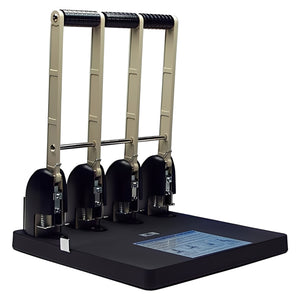 KW by Colby KW-954 four hole power punch on a white background, with four black punch heads on a wide black base and light beige lever arms joined by black grip bars and a cross rod