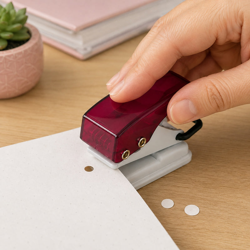 KW by Colby Little Gem one hole mini paper punch in ruby being pressed by hand on a sheet of paper. The close view shows the translucent ruby acrylic handle, solid metal body and protective base while a clean circular hole and punched paper confetti demonstrate its compact everyday paper punching function.