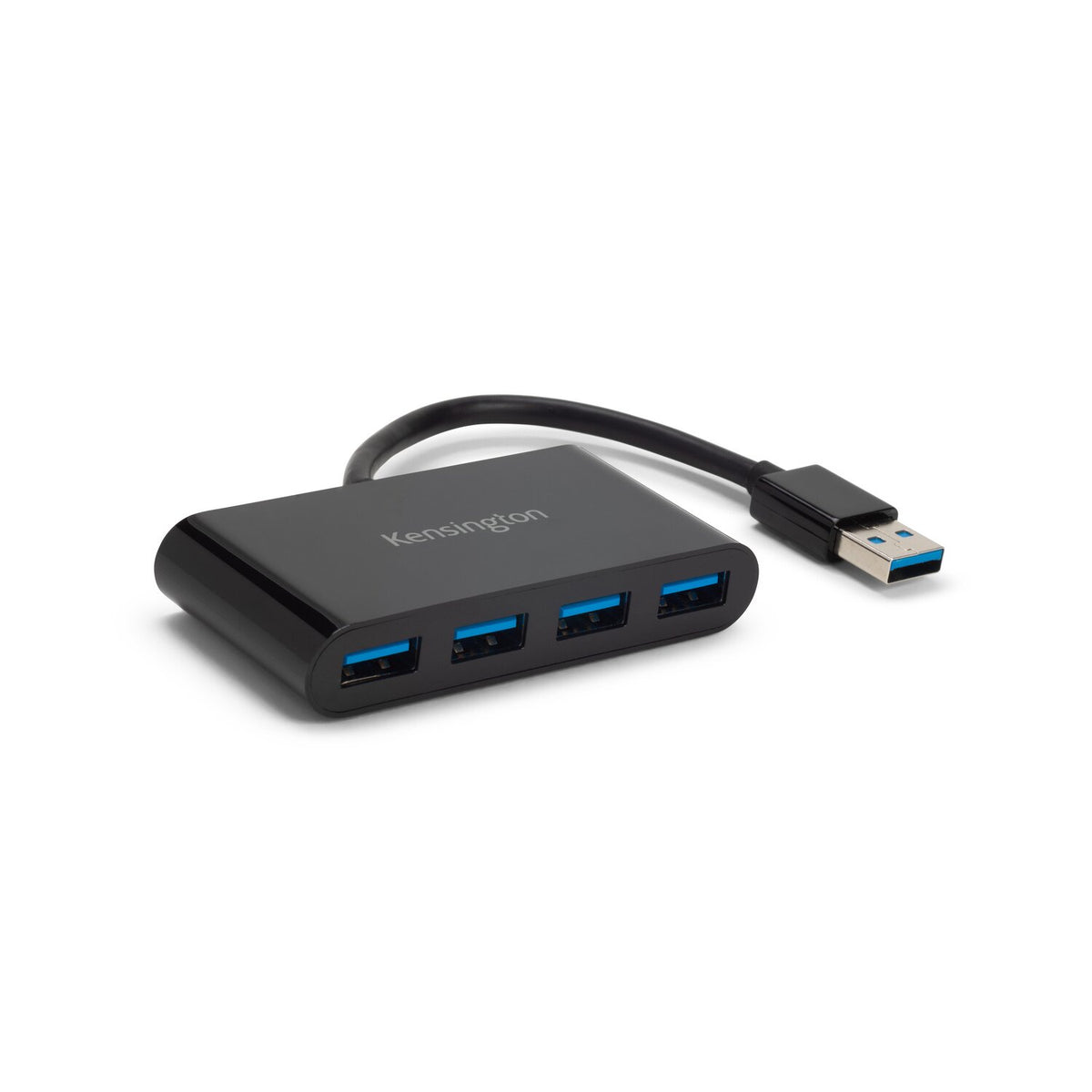 Black Kensington UH4000 USB 3.0 4-Port Hub at an angle with four blue USB ports and its USB-A cable