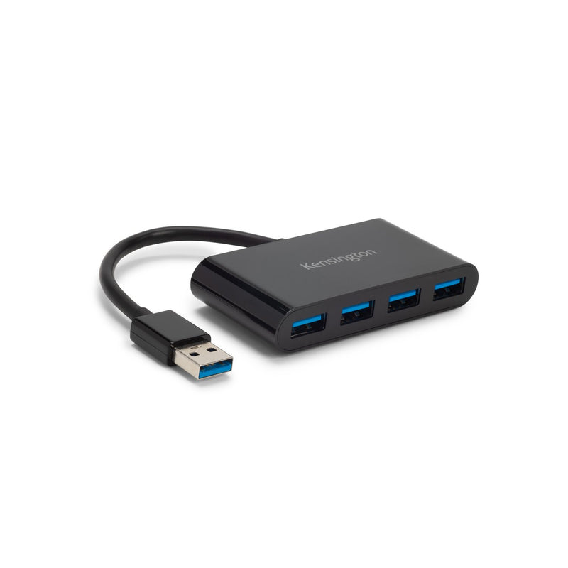 Black Kensington UH4000 USB 3.0 4-Port Hub from the cable end, showing the USB-A plug and port side