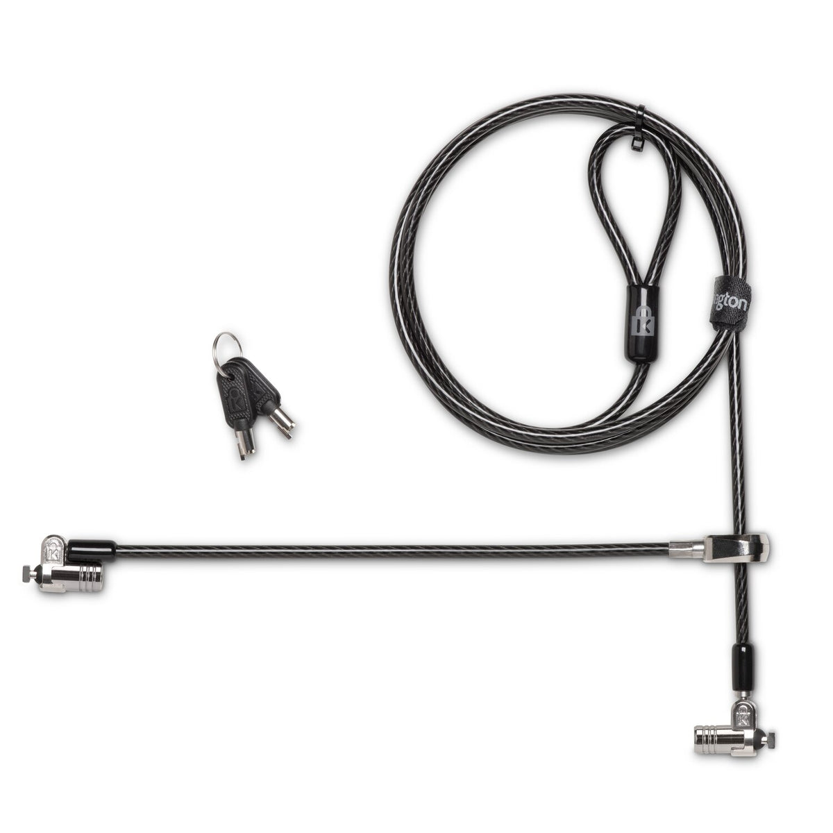 Kensington MicroSaver 2.0 Twin Lock Head laid out with the cable loop, both T-bar heads extended and keys on a ring