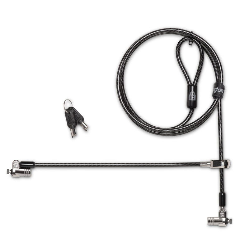 Kensington MicroSaver 2.0 Twin Lock Head laid out with the cable loop, both T-bar heads extended and keys on a ring
