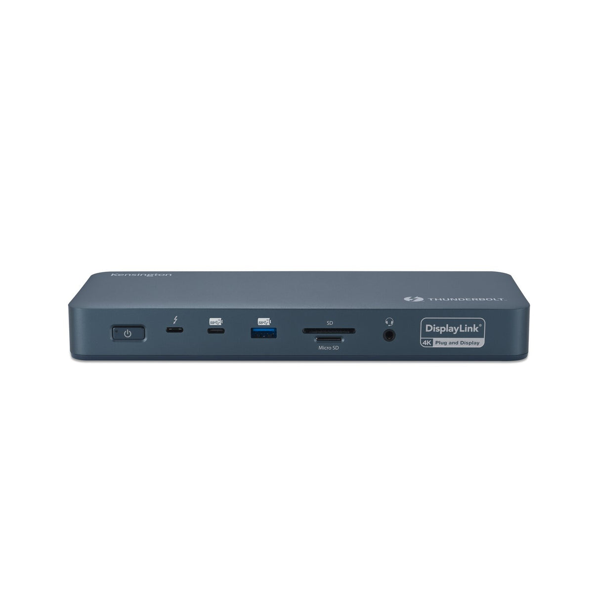 Front panel of the Kensington SD5900T EQ dock with the power button, USB ports, card readers and audio jack