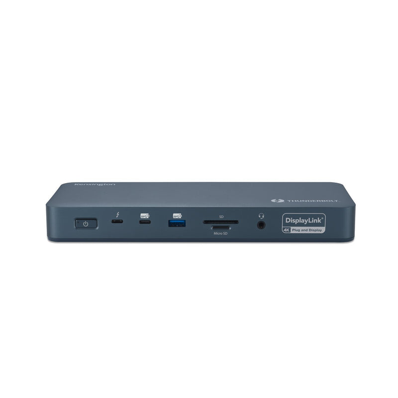 Front panel of the Kensington SD5900T EQ dock with the power button, USB ports, card readers and audio jack