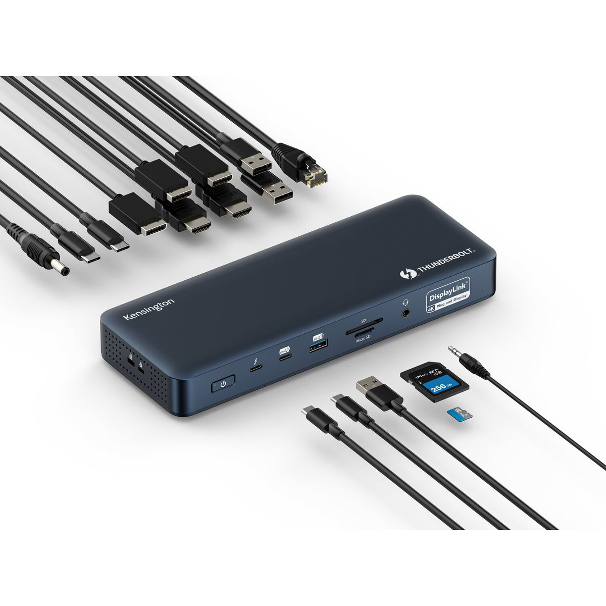 Kensington SD5900T EQ Thunderbolt 4 dock shown with a spread of connecting cables and memory cards
