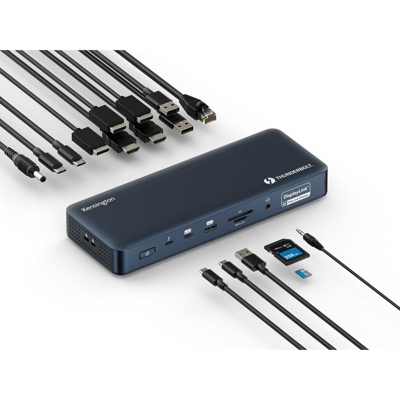 Kensington SD5900T EQ Thunderbolt 4 dock shown with a spread of connecting cables and memory cards