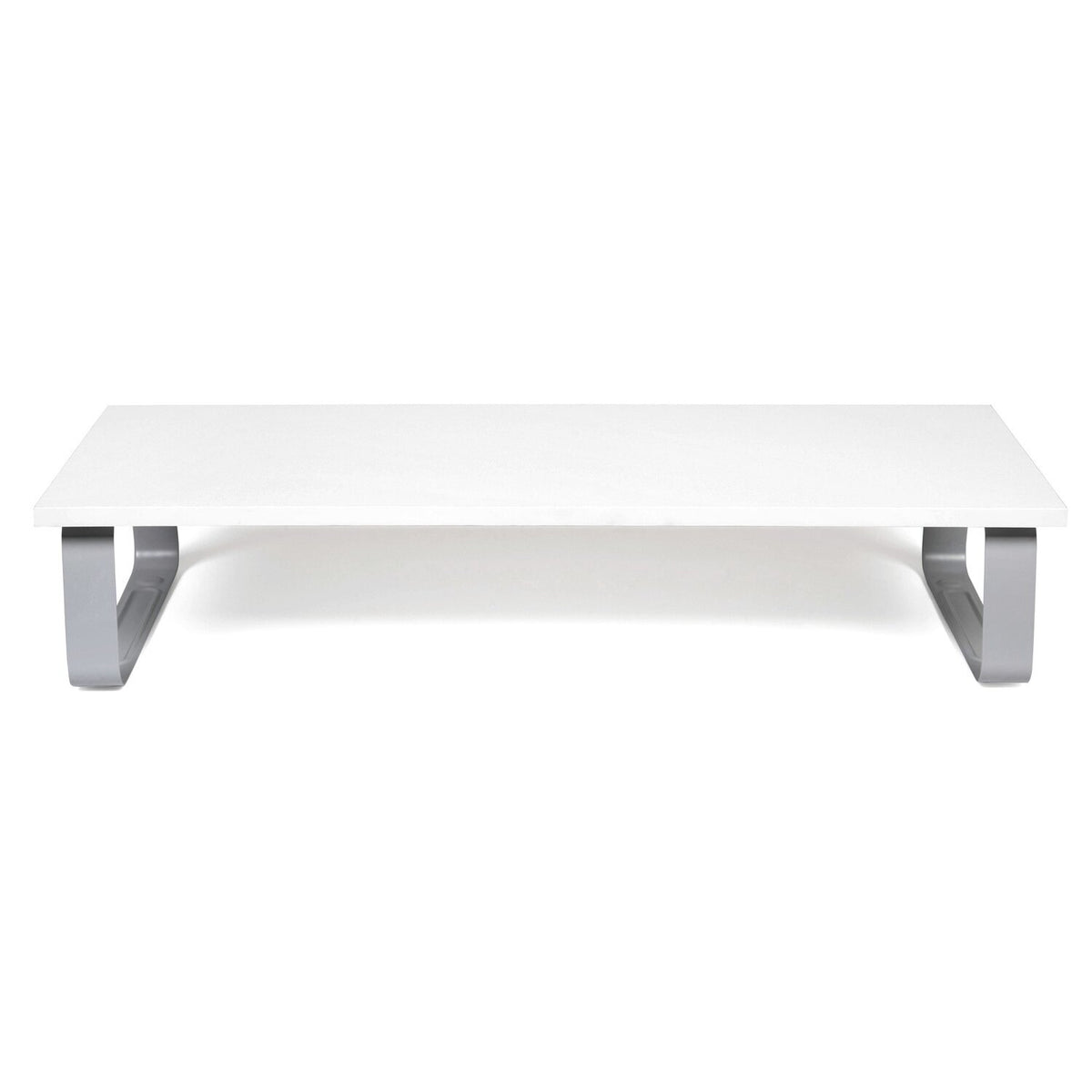 Front view of the empty white Kensington Extra Wide Monitor Stand on its steel legs