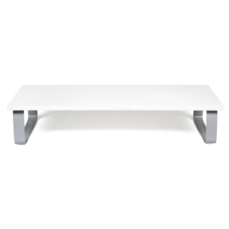 Front view of the empty white Kensington Extra Wide Monitor Stand on its steel legs