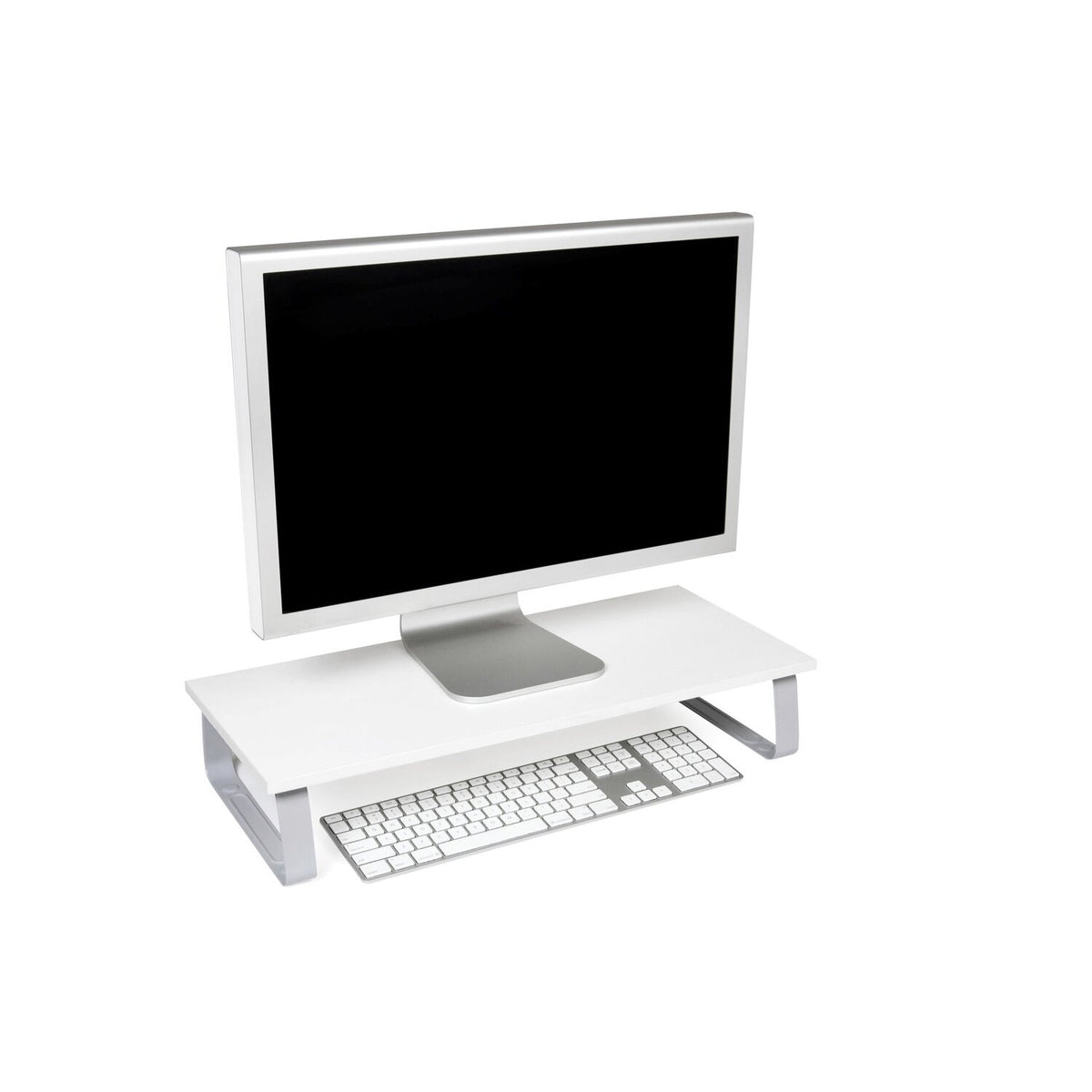 White Kensington Extra Wide Monitor Stand holding a monitor with a keyboard stored underneath